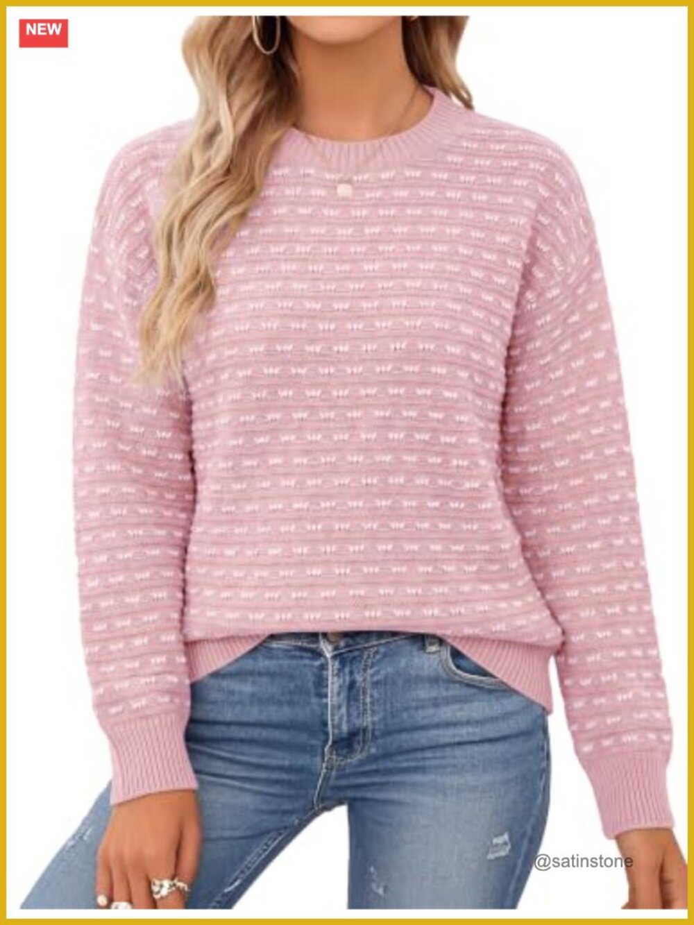 Women's Striped Crochet Pullover Sweater Long Sleeve Crewneck Loose Fit